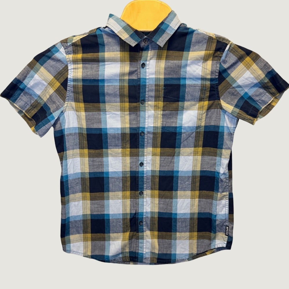 2357 | Prana Organic Cotton Blend Plaid Short Sleeve Button Down Blue Mens S